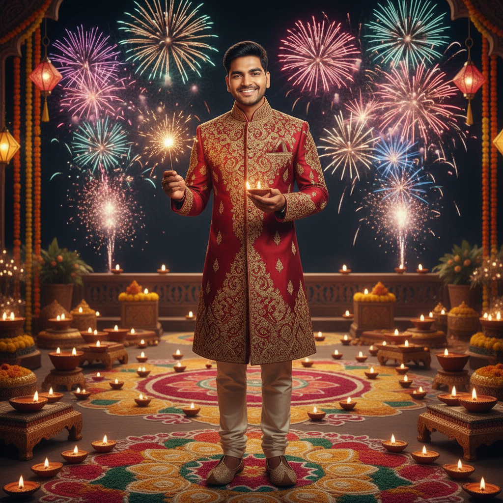 Vintage Bollywood vibe: handsome man in regal red and cream sherwani with embroidery, smiling warmly while holding diya and sparkler, surrounded by diyas, rangoli, and festive fireworks.
