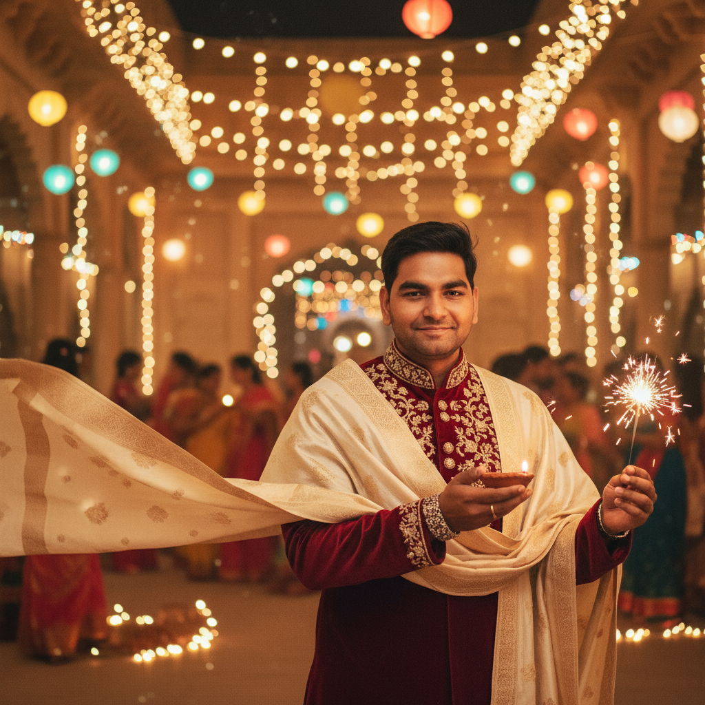 Retro cinematic Bollywood style: man in deep red and cream sherwani, dupatta flowing, kada visible, smiling softly while holding diya and sparkler, festive courtyard illuminated with Diwali lights.