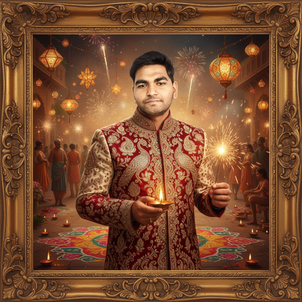 Golden-toned vintage frame: man in red-cream sherwani with shimmering embroidery, holding diya and sparkler, courtyard decorated with rangoli, diyas, lanterns, and fireworks haze.