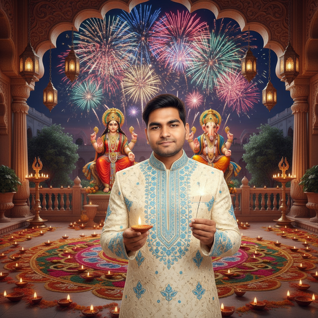 Bright festive portrait: man in cream sherwani with royal sky bule embroidery, holding diya and sparkler, standing in decorated courtyard glowing with diyas, lanterns, rangoli, and fireworks above. ang baground laxmi, gadesh ji photo Realistic