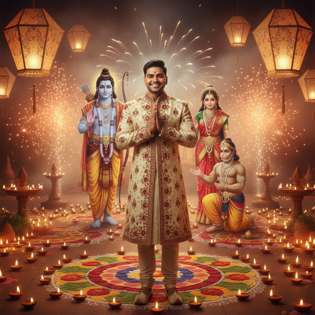 Classic Bollywood Diwali scene: man in sherwani (cream and red with golden embroidery), smiling confidently, surrounded by glowing diyas, rangoli, lanterns, and smoky fireworks ram jii and seet jii and hanuman jii realistic blassing you and you pray