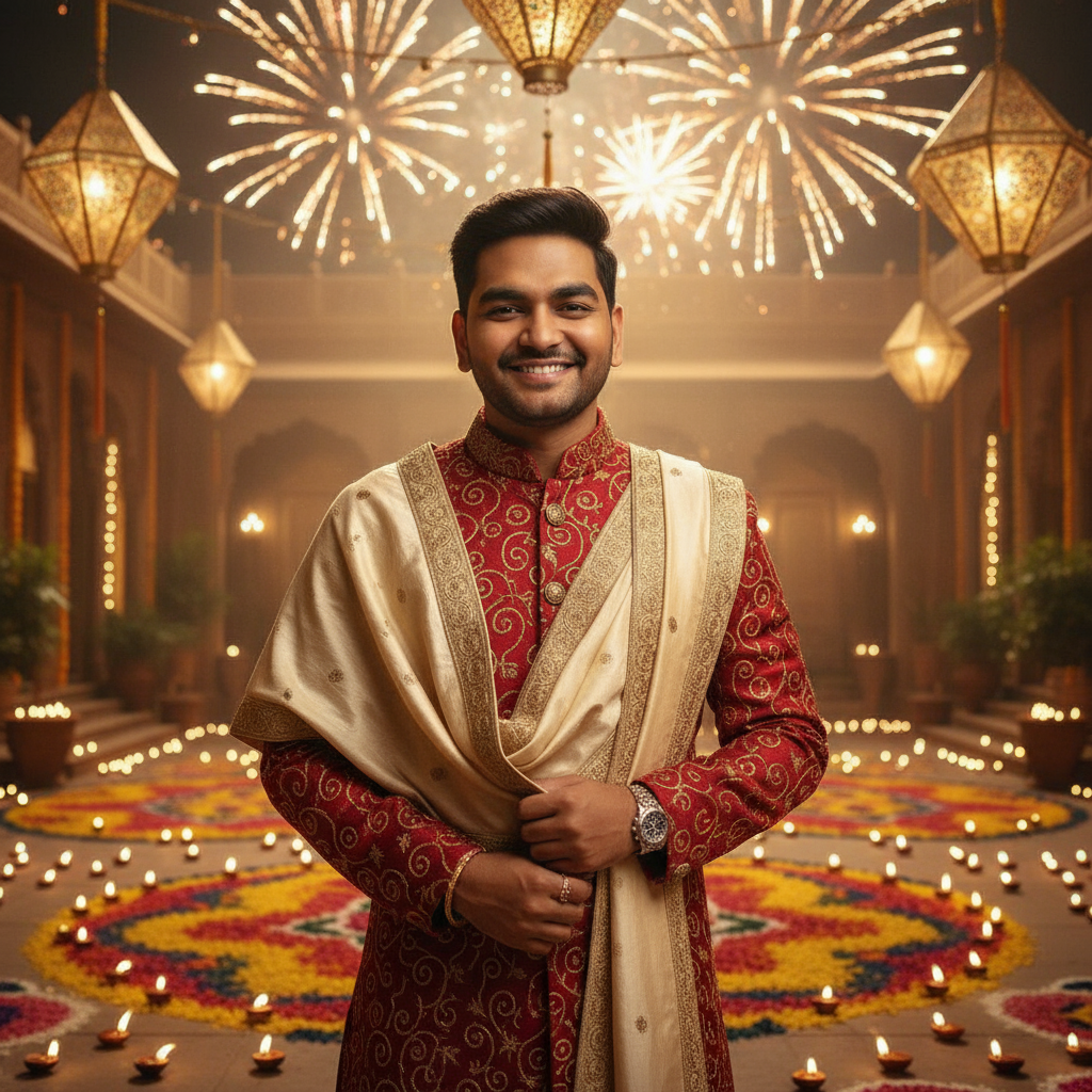 Cinematic Diwali shot: man in red-cream sherwani with subtle golden embroidery, dupatta draped, silver kada shining, courtyard glowing with rangoli, lanterns, diyas, and fireworks in golden haze.