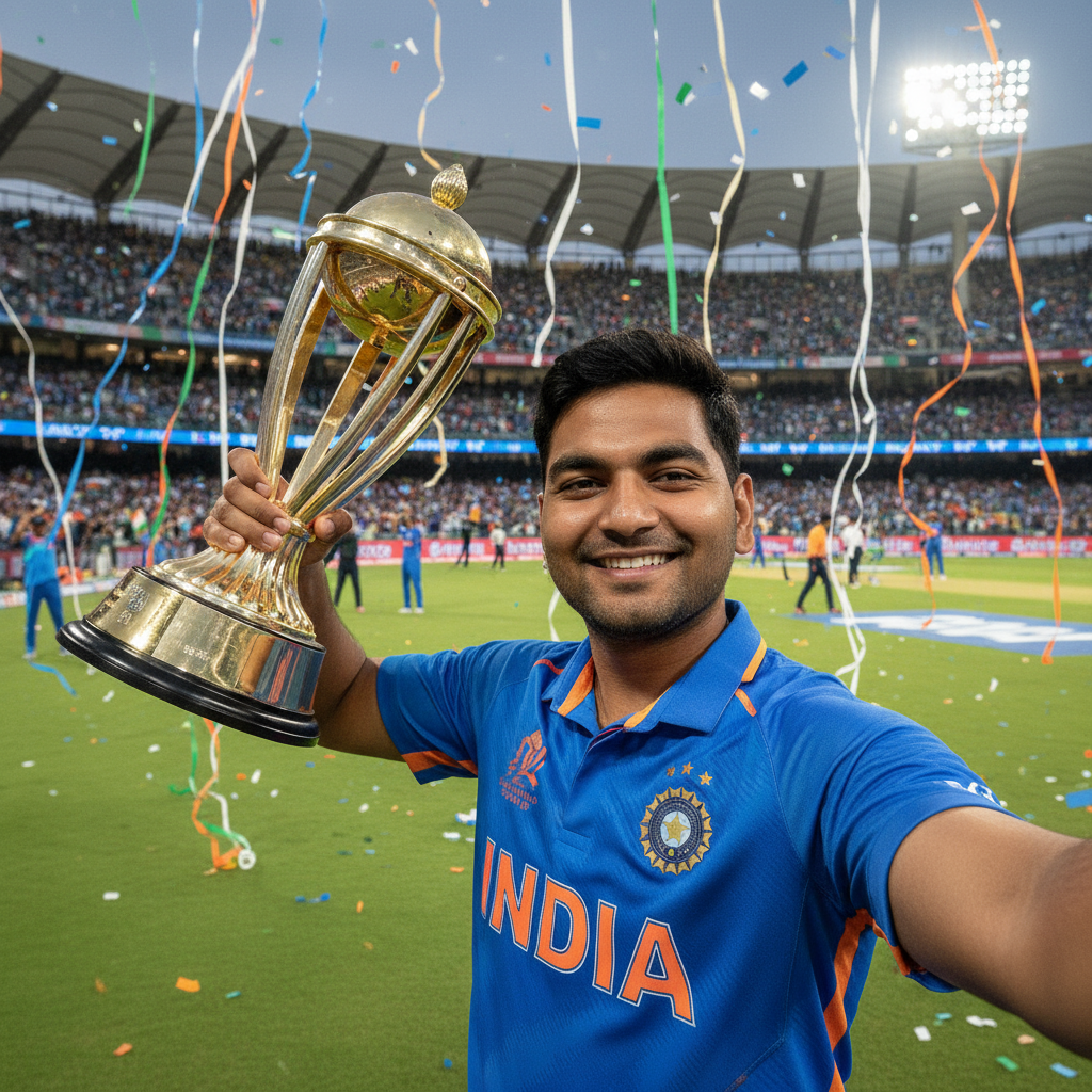 Generate an image from the uploaded photo, featuring the person taking a selfie. The person should be holding a cricket trophy, celebrating India's victory with a happy and proud expression, consistent with the uploaded image's facial features. The setting is a cricket stadium, with a cheering crowd and subtle celebratory elements (like confetti or flags) in the background. The overall style should be vibrant and celebratory, capturing the joy of winning.