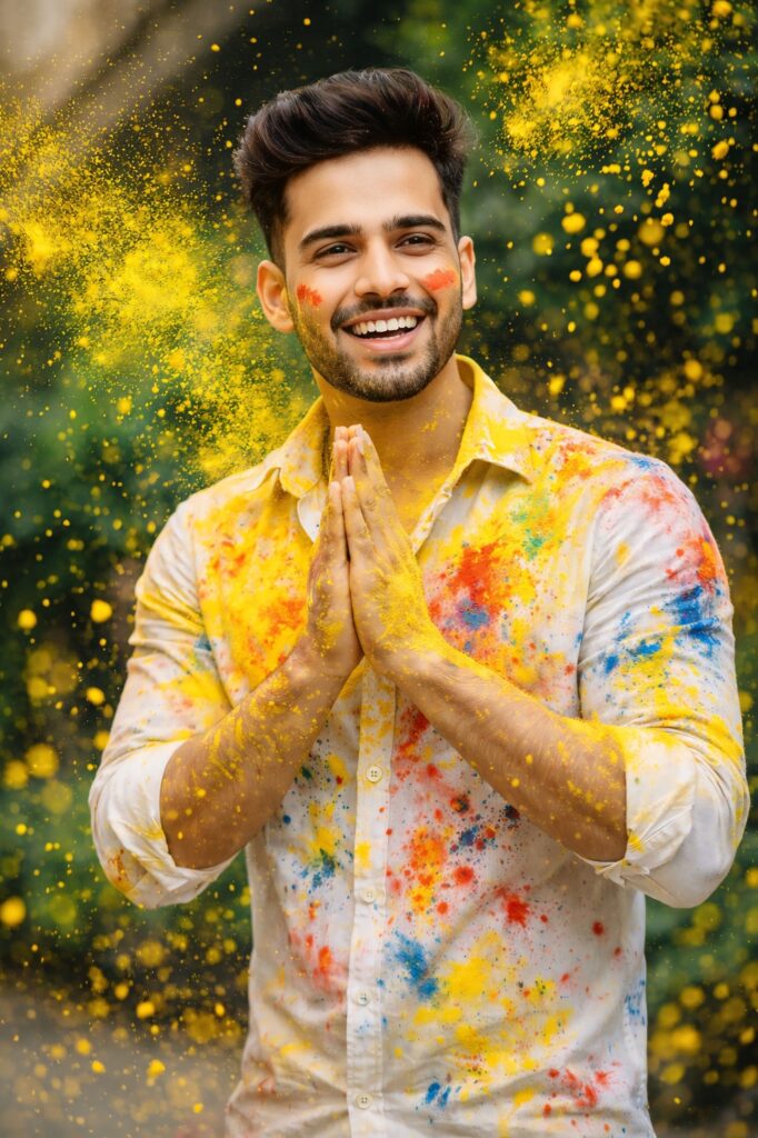 3️⃣ Indian couple Holi festival color explosion AI enhanced image
