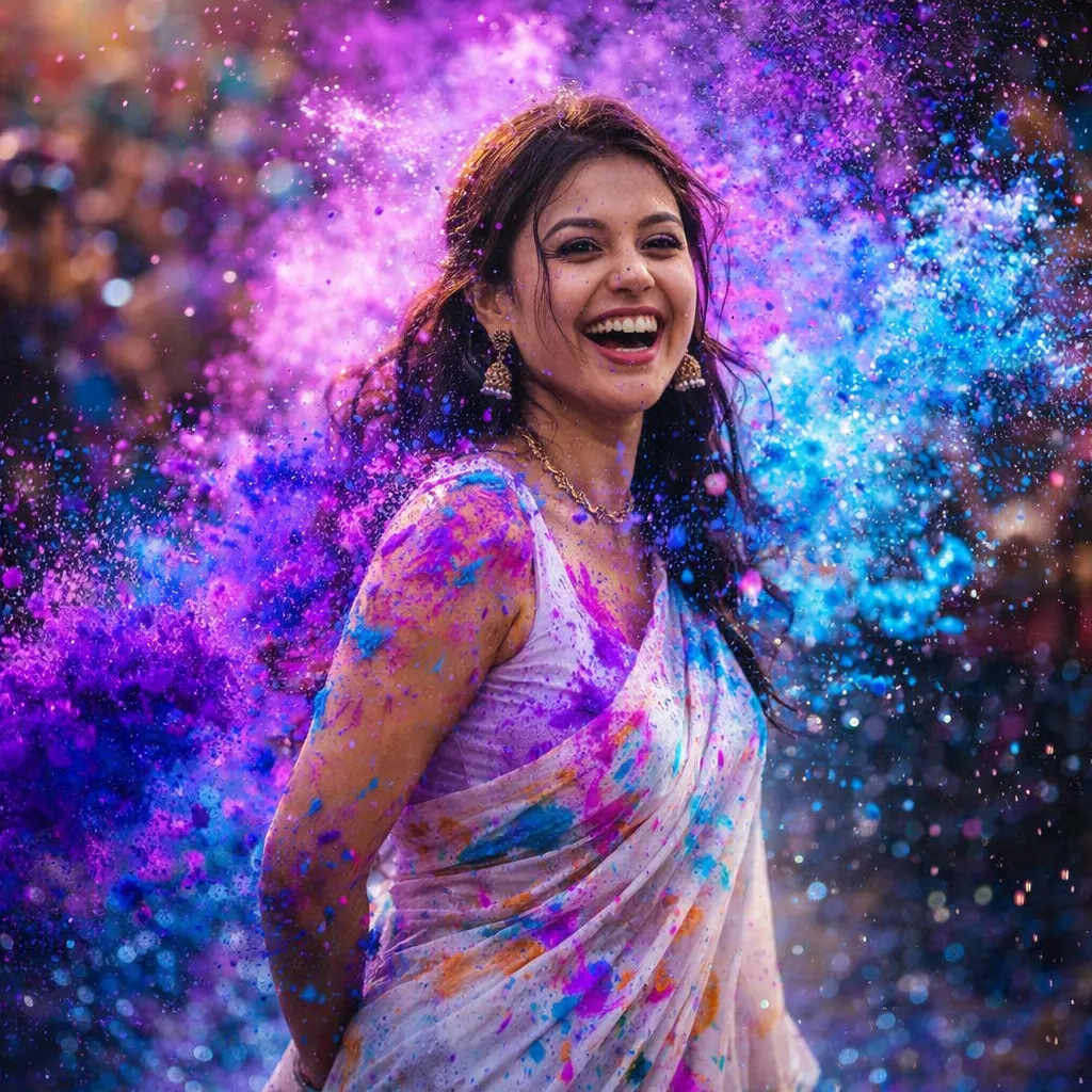 High-speed photography masterpiece. A woman smiling joyfully as a cloud of vibrant neon purple and sky-blue Holi powder explodes around her. She is wearing a pristine white saree that is becoming a chaotic canvas of colors. Water droplets, Candid expression, eyes sparkling with pure happiness. The background is a bokeh blur of a greenary of village . Cinematic backlighting, hyper-detailed skin texture, wet fabric details, 8k resolution, photorealistic. Don't change my face