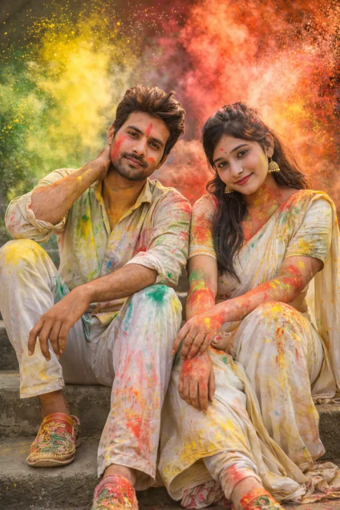 Festive Holi couple photo with cinematic lighting and color effects