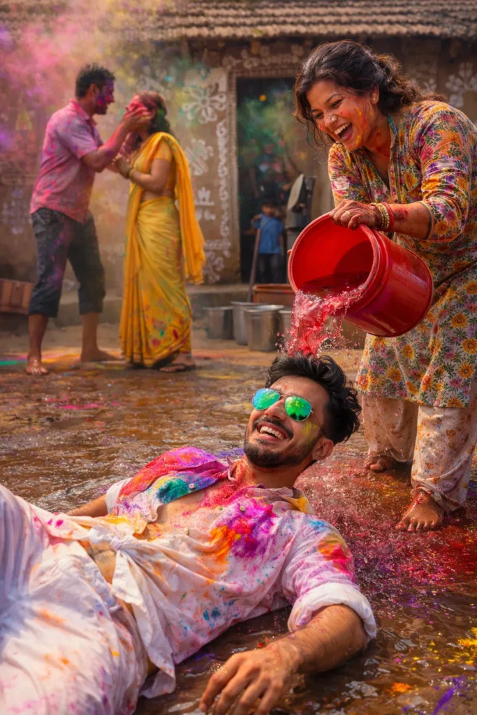 Viral romantic Holi couple photo created using AI editing prompts with cinematic lighting and colorful festival effects.