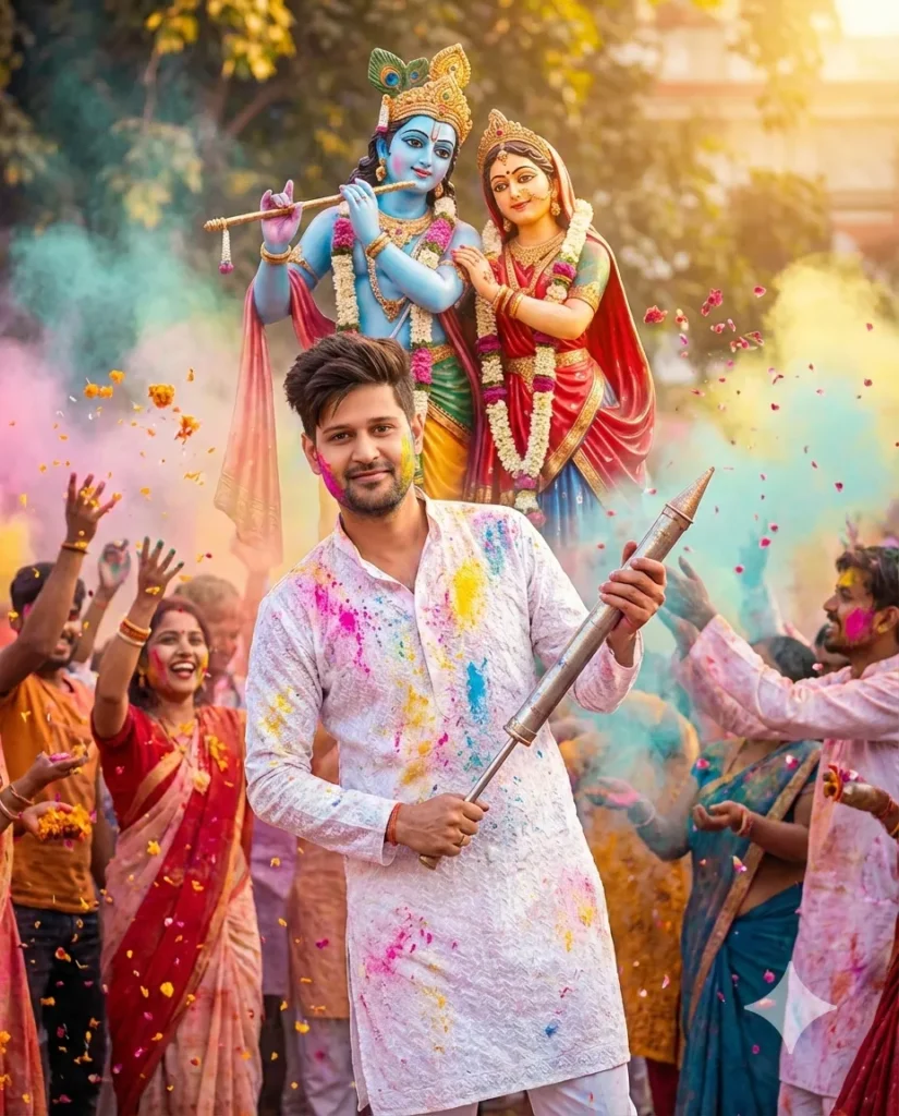 Happy Holi couple celebrating with vibrant gulal cinematic photo