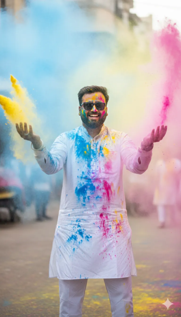 Happy Holi couple celebrating with vibrant gulal cinematic photo